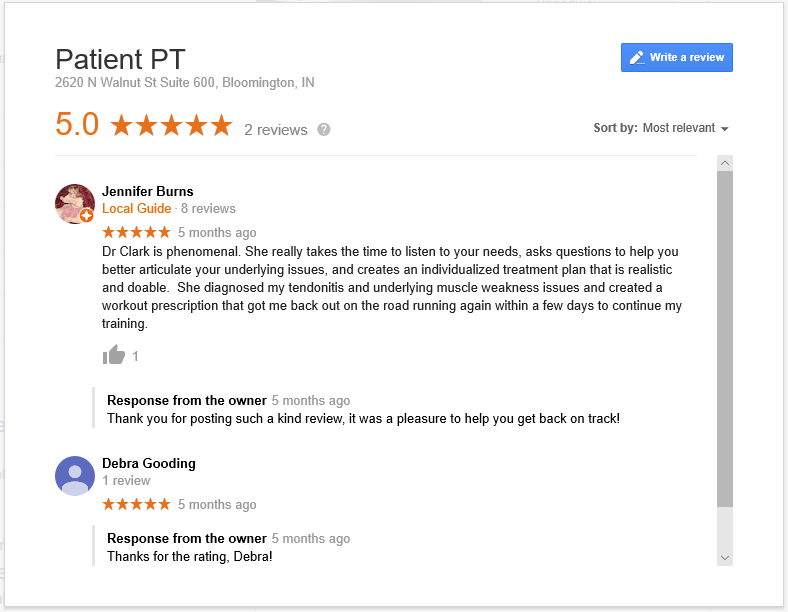 Screenshot of Google Reviews for Patient PT