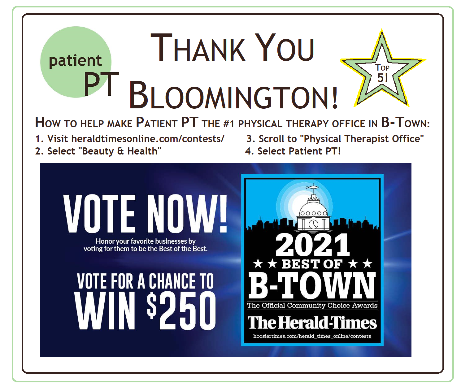 Graphic: Oh my gosh, thank you Bloomington for making my little clinic one of the Top 5 Physical Therapy Offices in Bloomington! To vote us up to number one, click here: https://embed-813989.secondstreetapp.com/.../295719305/